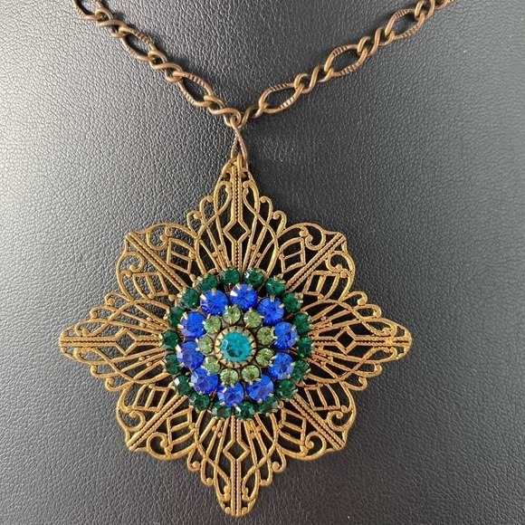 Liz Palacios Jewelry - Liz Palacios Boho Fairy Filigree Floral Pendant Necklace Blue Swarovski Crystals